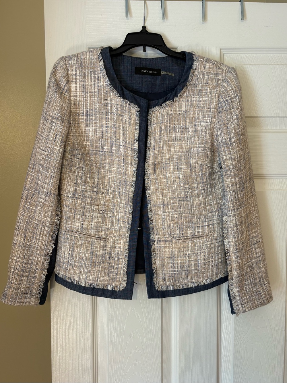Ivanka Trump Tweed Fringe Jacket Blue Beige Open Front Career Chic